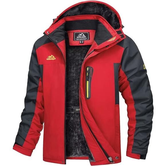 Magcomsen Ski Jacket Coat Hooded Hiking Colorblock Red Fleece Gray - Picture 1 of 13
